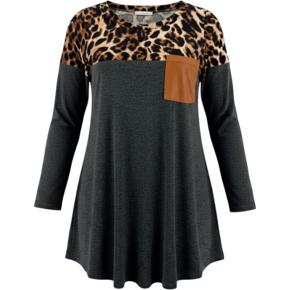 Reborn J Womens Leopard Colorblock Tunic Top Gray Elbow Patch 3/4 Sleeve Small
